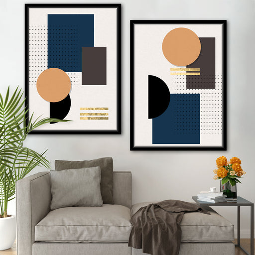 Modern Abstract Geometric Shapes Set of 2 Canvas Painting Wall Art Prints  Golden Blue for Home & Wall Décor