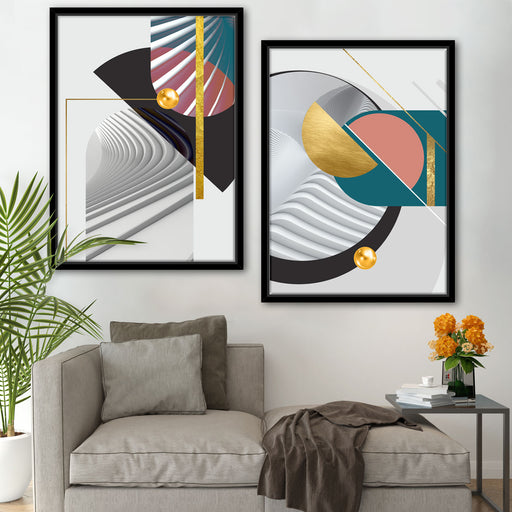 Modern Abstract Geometric Shapes Set of 2 Canvas Painting Wall Art Prints  Golden Blue for Home & Wall Décor