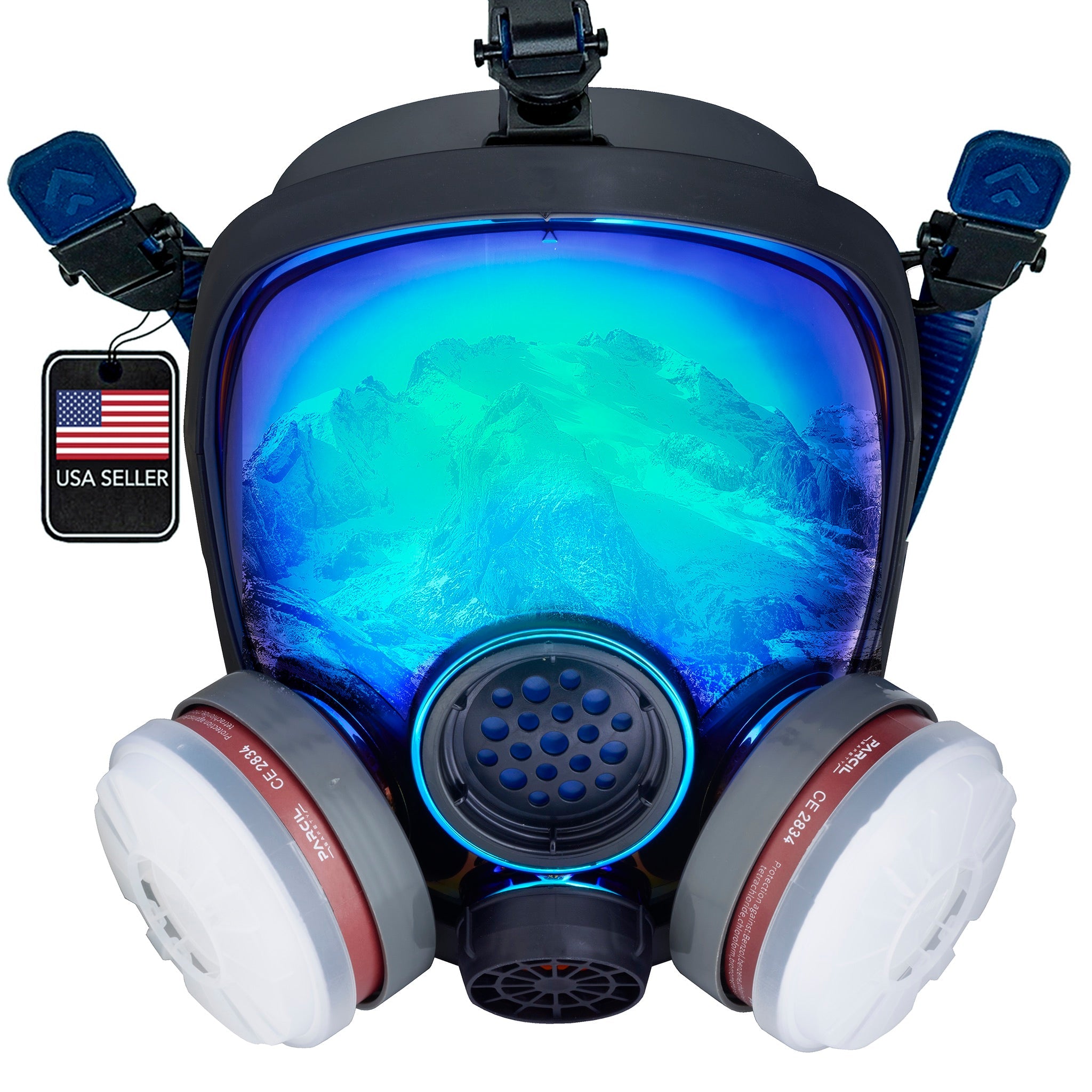 PD-100 Arctic Blue - Full Face Respirator Mirrored Gas Mask with A1 Organic Vapor (OV) with P2 Particulate Filter Canister