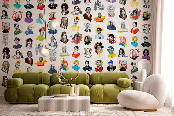 The Iconographic wallcovering design installed in a living room