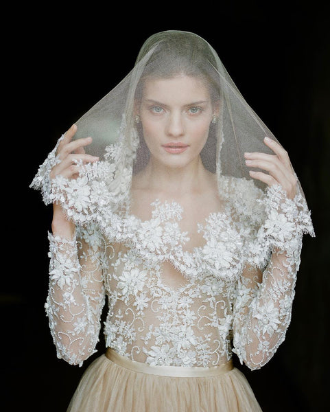 Gold Silk Tulle Veil With Ivory Beaded Lace Trim | Cortona Veil – Emily ...