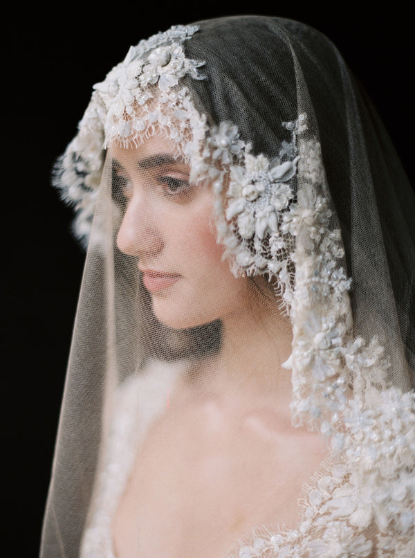 DUCHESSE SILK CHANTILLY LACE VEIL NO. 1990 silk tulle blusher veil.