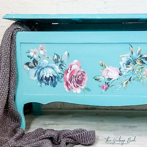 Fuchsia-Sunset-Redesign-Decor-Transfer-on Maldivian-coloured-vintage-blanket-chest-painted-at-Bird-on-the-Hill-Studio