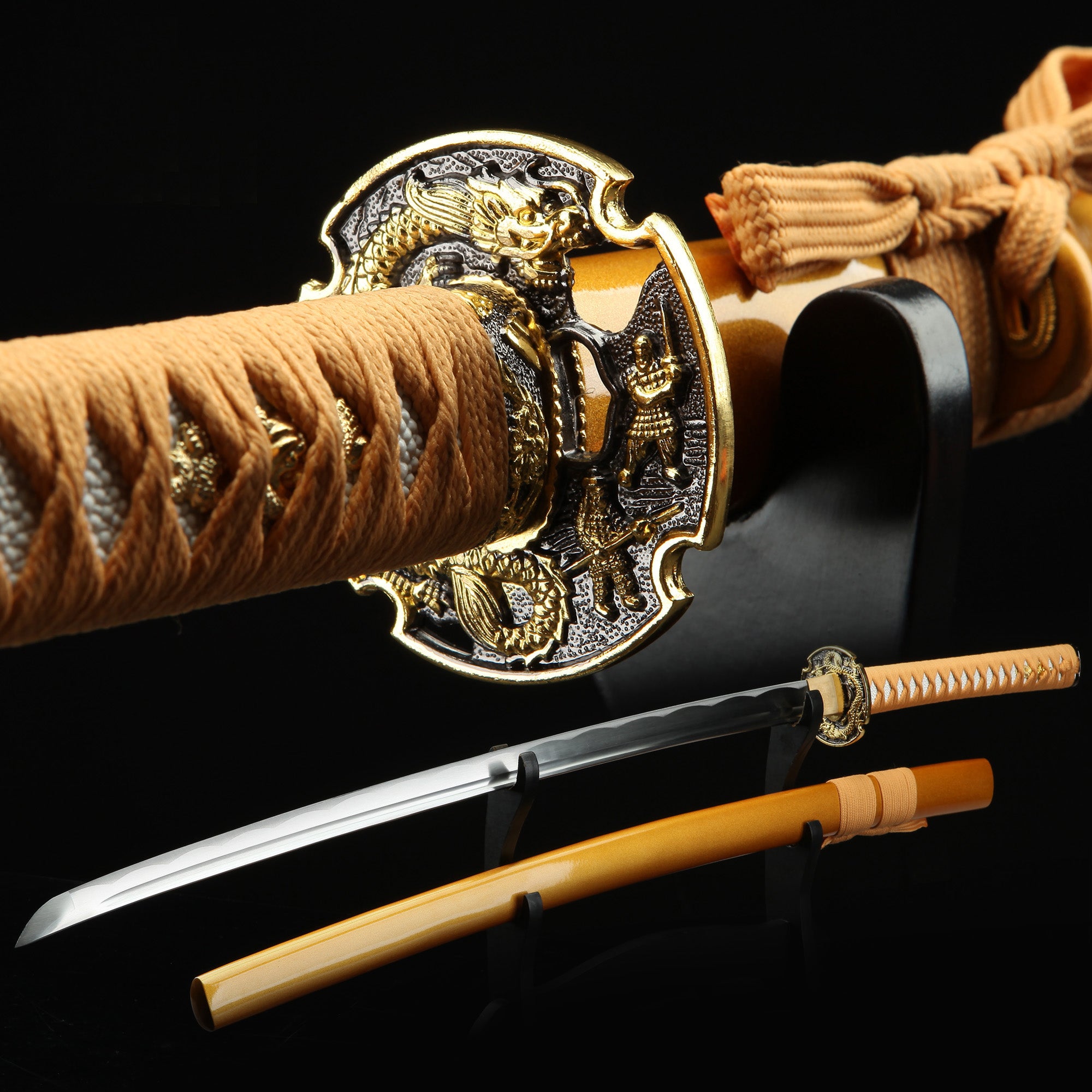 Handmade Gold Dragon Katana Full Tang Real Japanese Samurai Sword ...