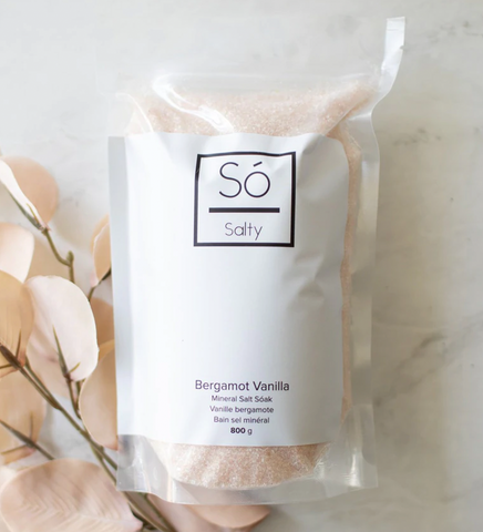 Package of Pink tinged, Bergamot-Vanilla Salty bath salts