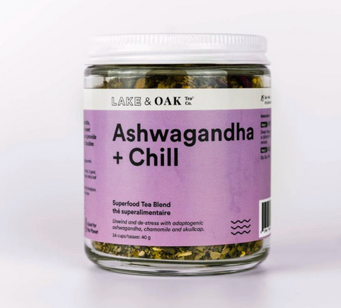 Ashwagandha Tea package with purple label from Lake & Oak