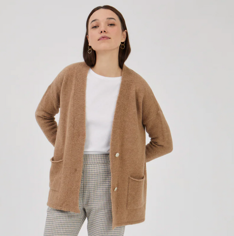 Simple two button cardigan with front side square pockets in a perfect light heather grey that looks great with black, blues, browns, and other greys. Layer over literally anything.