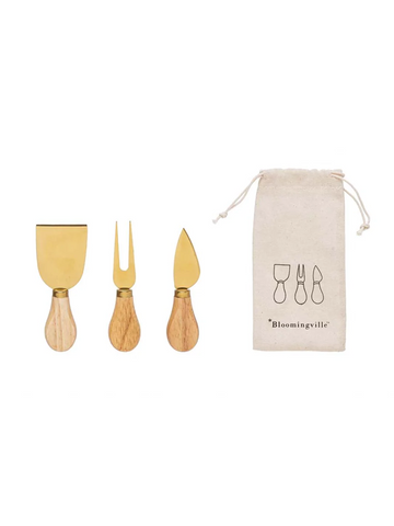 Gold Cheese Utensils with Oak Handles and a small carry bag