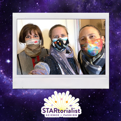 Selfie of Debbie, Emily, and Kelle wearing space masks in a polaroid-stlye frame on a purple galaxy background with the STARtorialist logo bottom center.