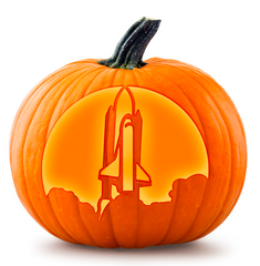 Full stack shapce shuttle paunching with exhaust clouds at the bottom carved into a pumkin, shown on a plain white background