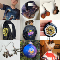 Square 3 by 3 collage of photos showing our collaborative designs: including wacky space-print clothing, nebula image woven infinity scarf, JWST scarf, neckalce, and nebula ornaments, Mars 2020 parachute skirt, spacecraft earrings.