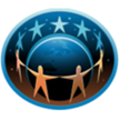 Astronomers without Borders logo, a teal oval with orange figures holding hands in the foregournd turing into light blue stars in the background, circling a globe