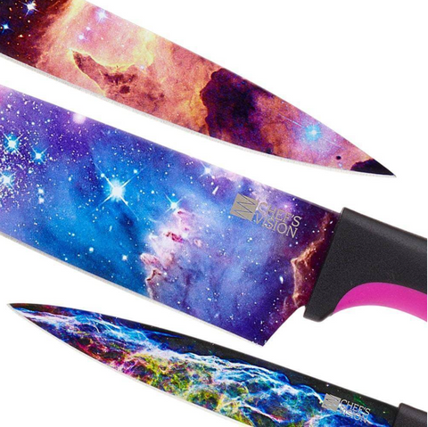 Close up images of the space prints on the cosmic knives