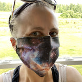 Emily wearing a nebula-print mask from STARtorialist