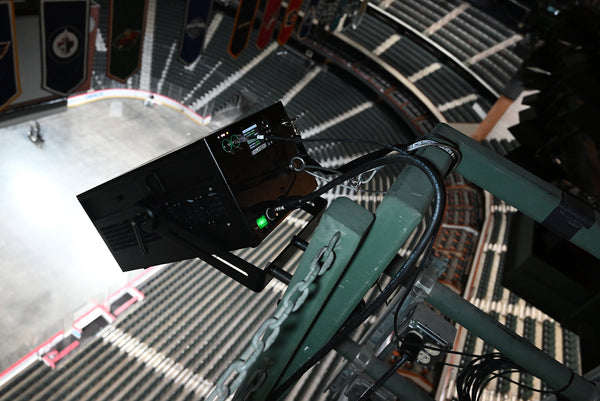 X-Laser Skywriter HPX MF-20 in the rafters at Xcel Energy Center in Minneapolis, MN