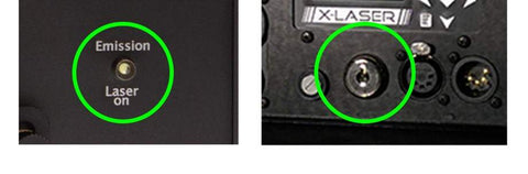 emission indicator light and captive key switch located on a laser projector