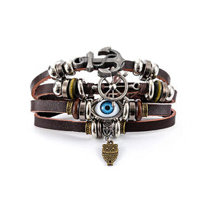 Evil Eye N Anchor 4 Row Boho Leather Bracelet BR2826-24 (12PC) - JINHWA TRADING INC