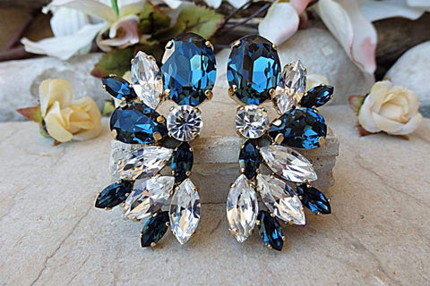 Navy and Light Blue Rhinestone Clip On Wedding Earrings