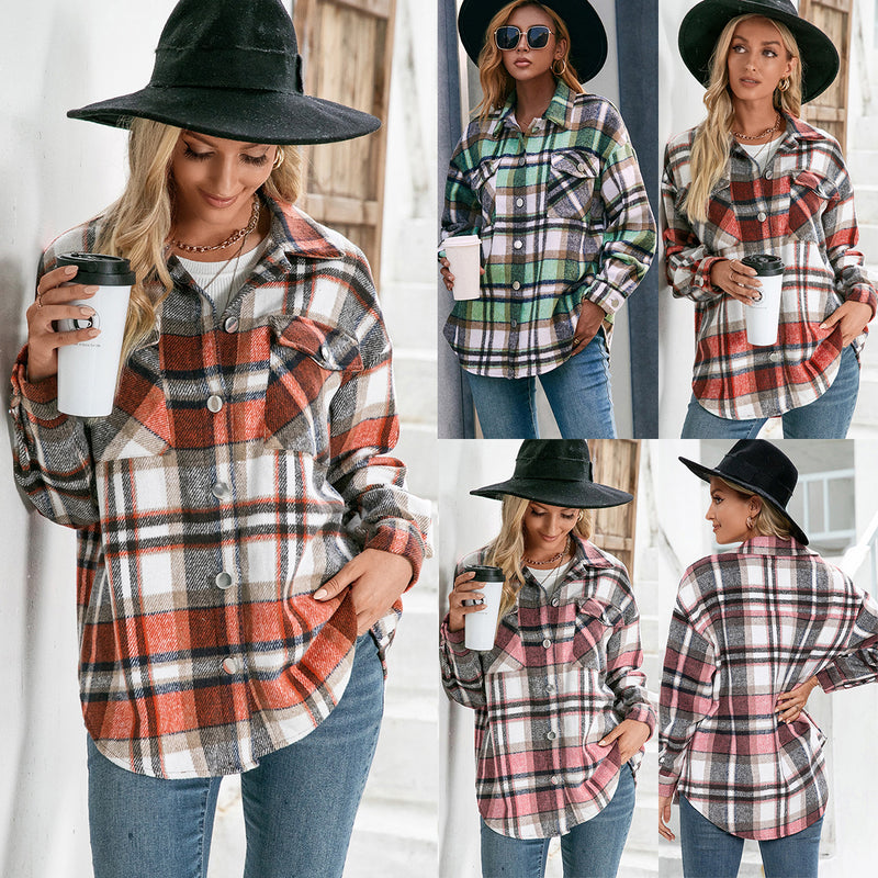 Thickened Fleece Long-Sleeved Top Casual Loose Single-Breasted Checked Shacket Jacket for Women