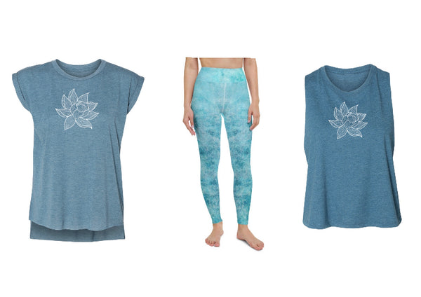 arkeo1 spring 2021, sky leggings, lotus rolled sleeve t-shirt, lotus tank