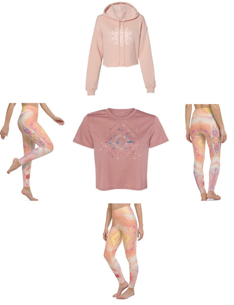 arkeo1 spring 2021 marble sunrise leggings, mauve polyenergy crop tshirt, peach flower mandala crop hoodie