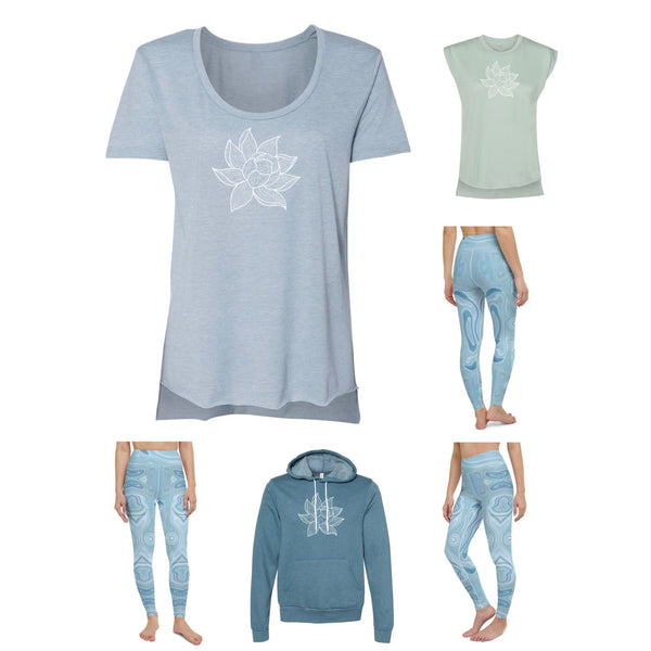 arkeo1 spring 2021 blue swirl leggings, lotus flower scoop neck, lotus flower rolled sleeve t-shirt, lotus flower pullover hoodie