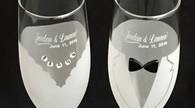 Engraving of champagne flutes and champagne glasses