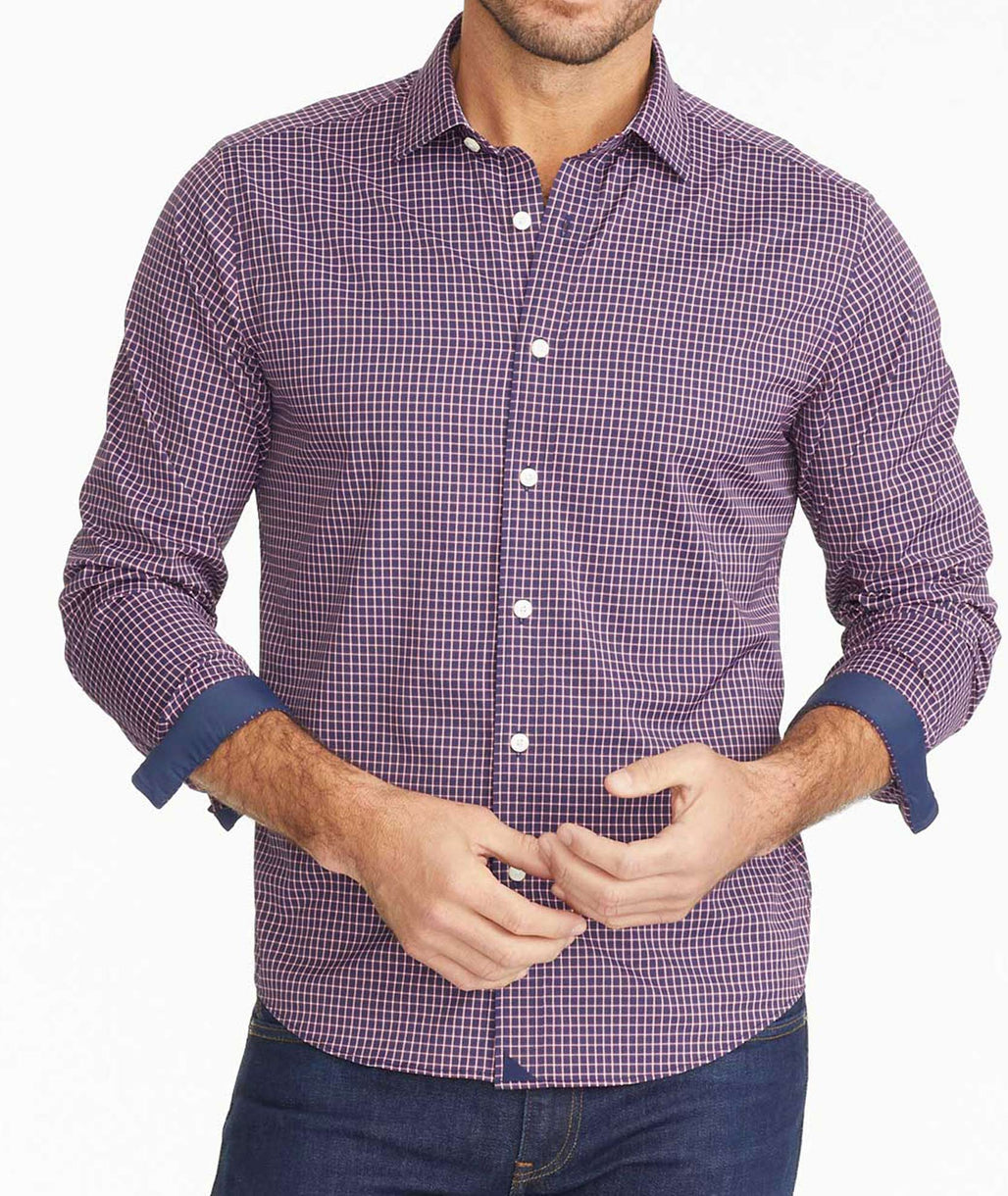 Wrinkle-Free Performance Balzon Shirt Navy with Red & White Check ...
