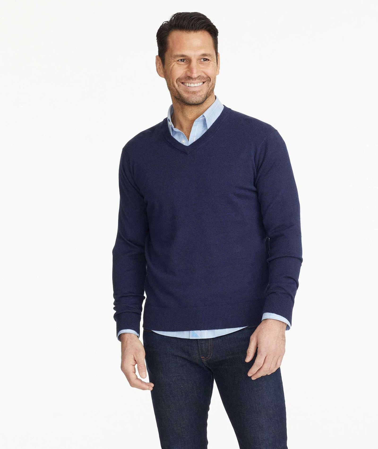 Cotton-Linen V-Neck Sweater Blue | UNTUCKit