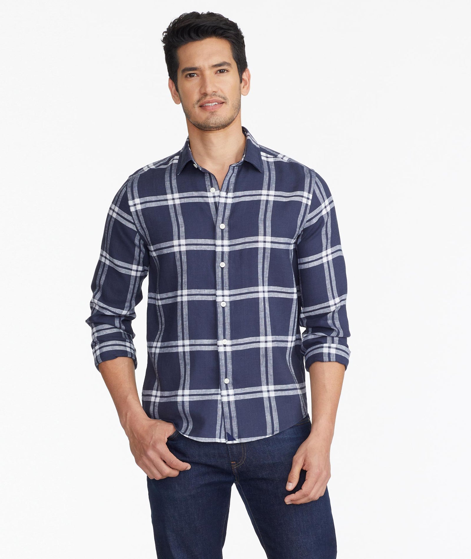 Wrinkle-Resistant Linen Ovada Shirt Navy & White Plaid | UNTUCKit