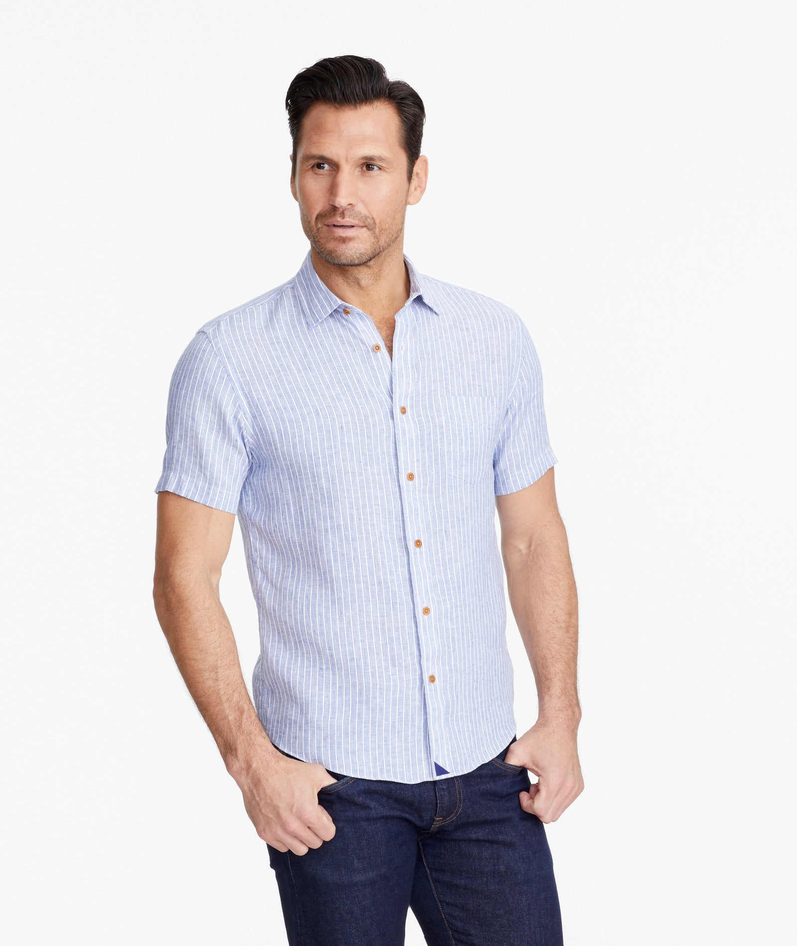 Wrinkle-Resistant Linen Short-Sleeve Westrey Shirt Blue & White Stripes ...