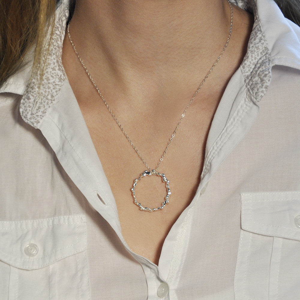 Fringe Tree Circle Pendant Necklace in Sterling Silver