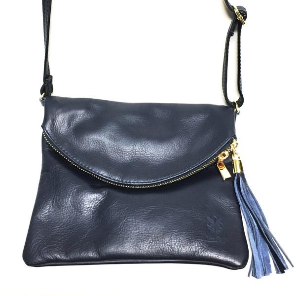 navy and white handbag