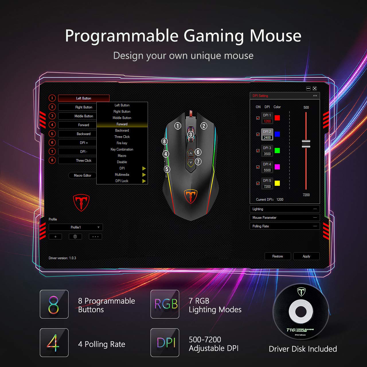 pictek gaming mouse wired 8 programmable buttons, chroma rgb backlit 7200 dpi