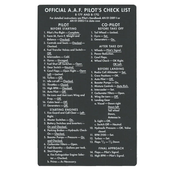 Replica Official A A F Pilot S Check List For B 17f B 17g Liberty Aviation Museum Px