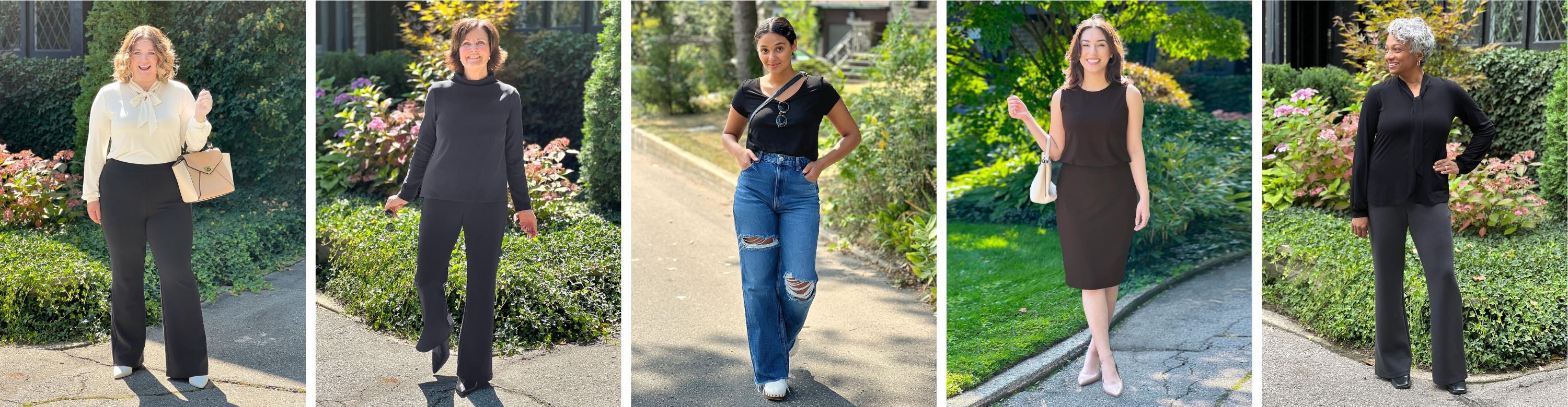 5 side by side images of Miik models showing different fall outfits