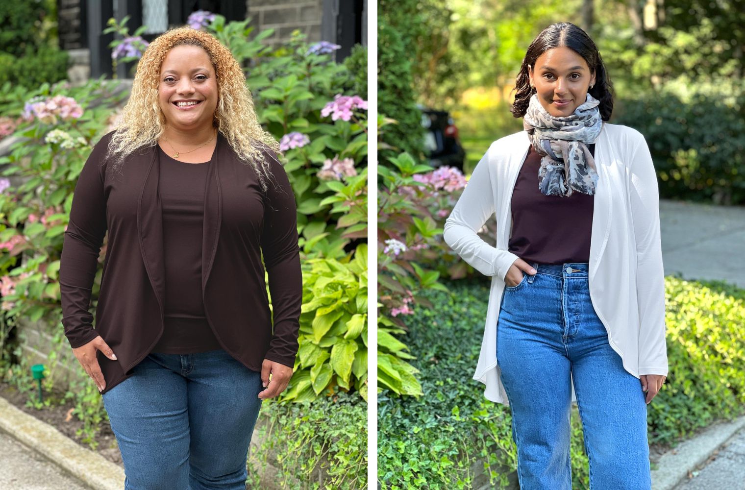 Two images of Miik models wearing the Rory waterfall cardigan over a reversible brown tank.