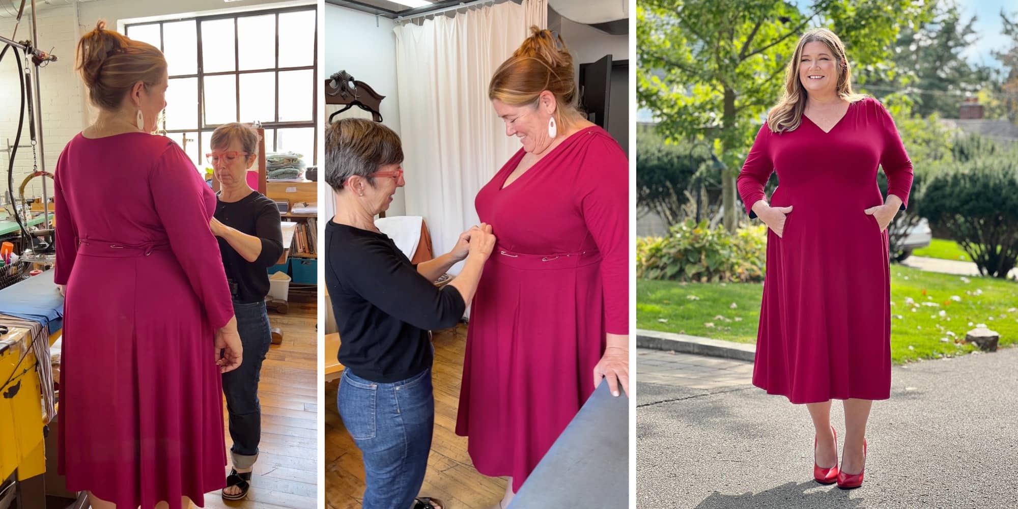 3 side by side images showing the behind the scene of Miik's plus size production.