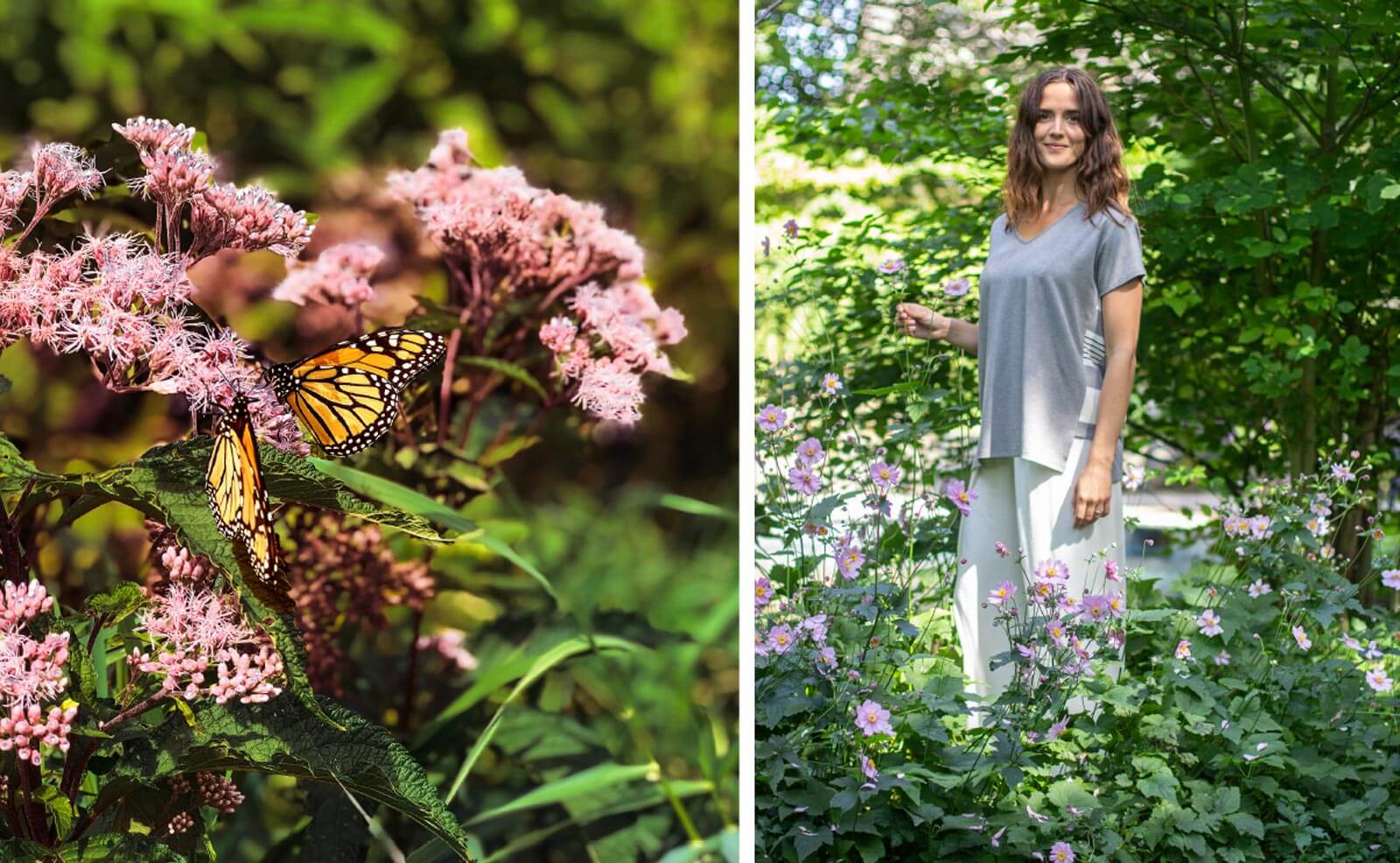 Woman standing in a flower garden with butterflies