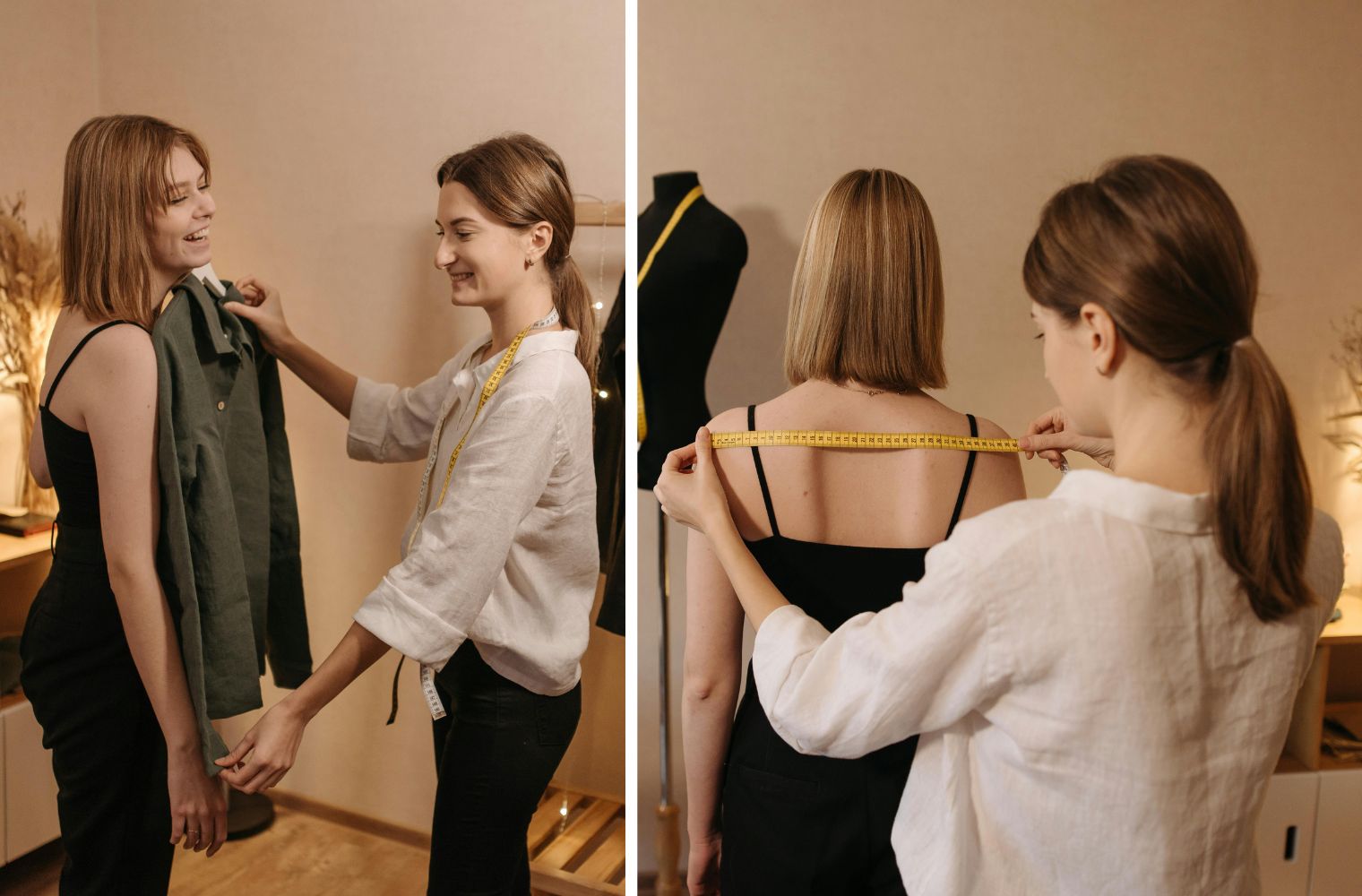 Two side by side images of a petite woman being measured.