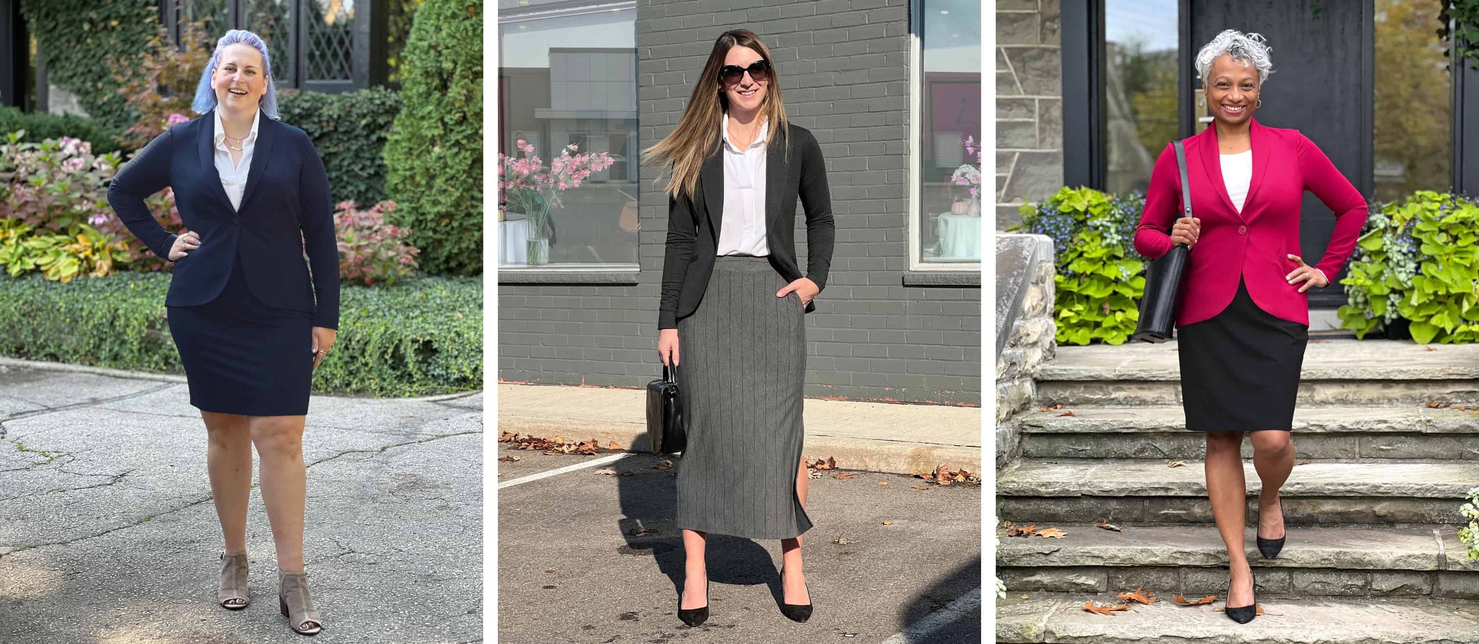 Three images side by side of Miik blazers being styled with a skirt