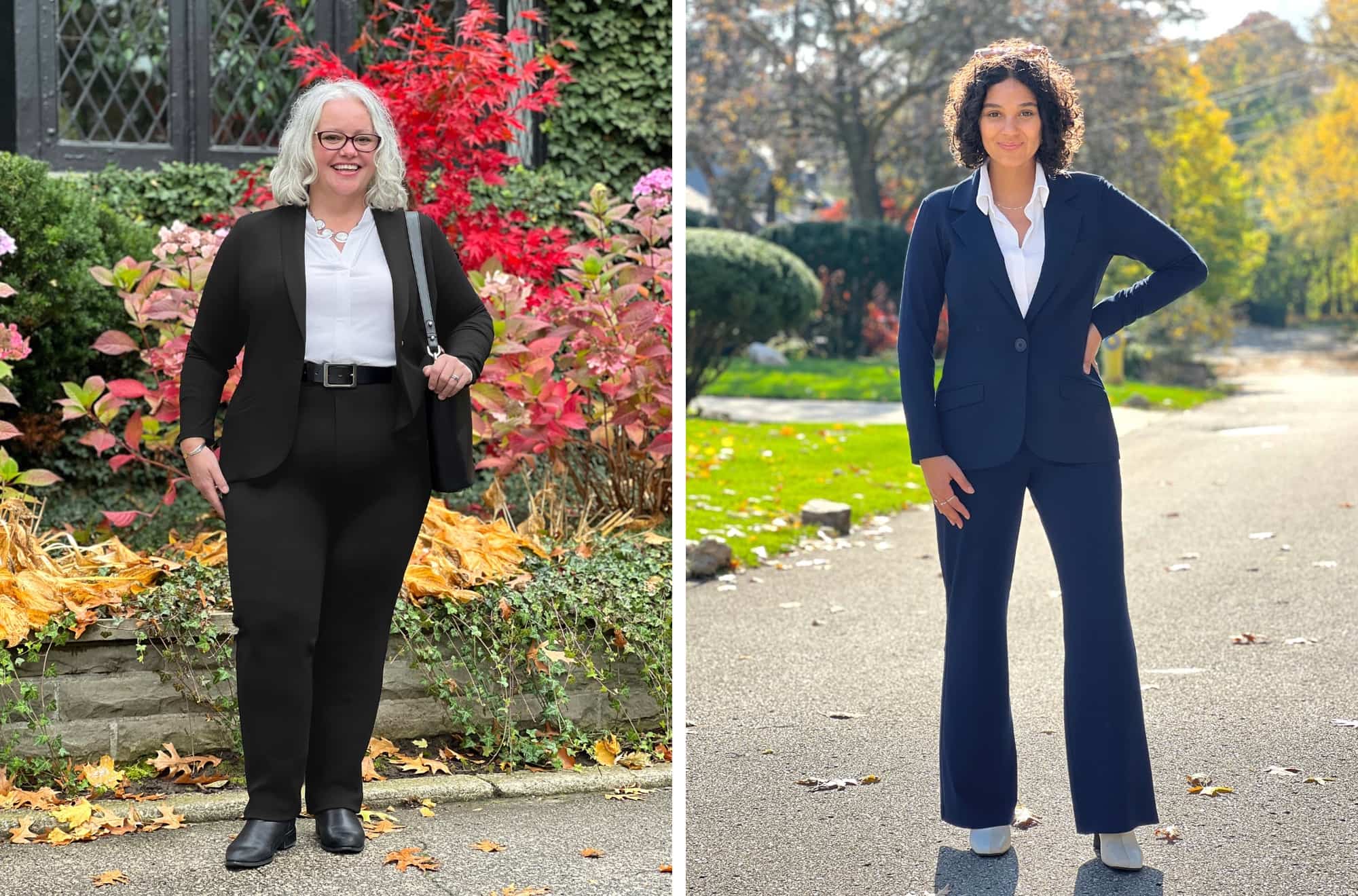 Two images side by side showing Miik blazers styled with dress shirts and pants