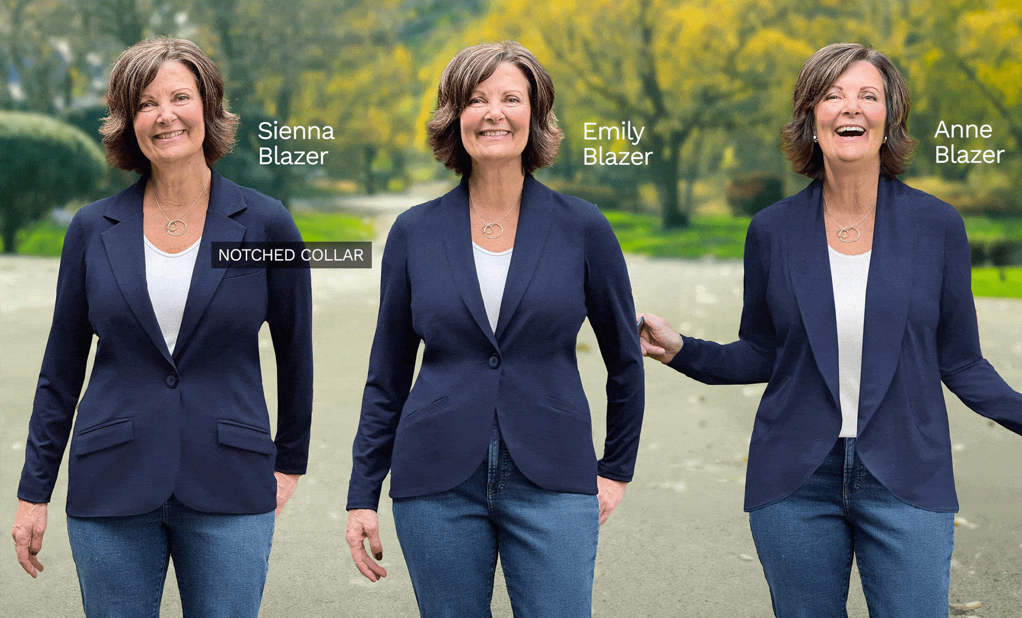 A gif of a woman wearing 3 different Miik blazers with text popping up to show the differences
