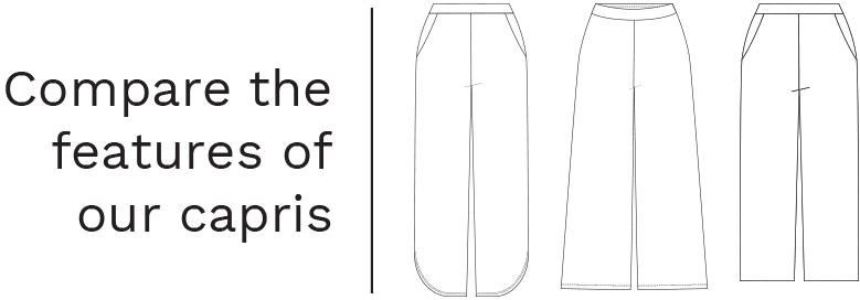 Compare the features of our capri pants: showing the differences between Miik's Akira capri, Keethai capri, and Cassandra capri