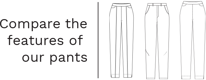 Compare the features of our bestselling straight leg pants: showing the differences between Miik's Christal pant, Asia pant, and Roma pant