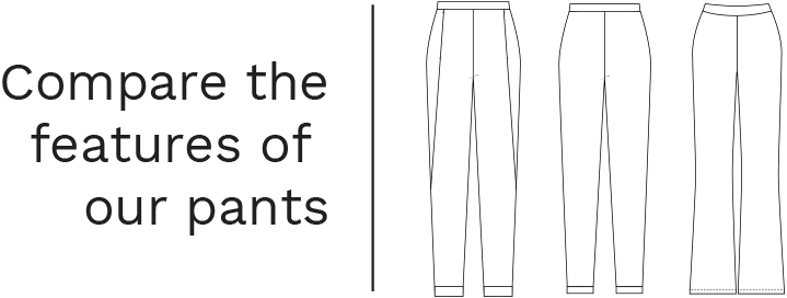 Compare the features of our jogger pants: showing the differences between Miik Avalon jogger, Linaya fleece jogger, and Laney flare pant.