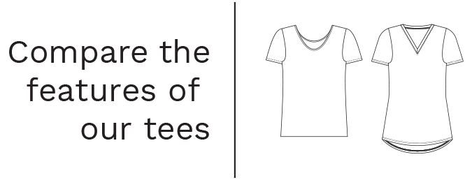 Compare the features of our t-shirts: showing the differences between Miik's Marianna tee and Sutton tee