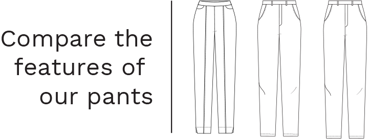 Compare the features of our bestselling straight leg pants: showing the differences between Miik's Christal pant, Asia pant, and Keltie pant