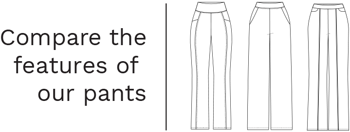 Compare the features of our wide leg pants: showing the differences between Miik's Sierra pant, Reed pant, and Jeremy pant
