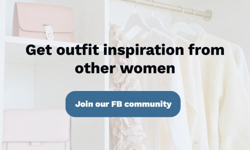 Image of a closet with a text over it saying: Get outfit inspiration from other women - join our FB community